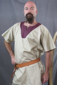 Man in khaki tunic and tan leather ring belt available up to 72 inches