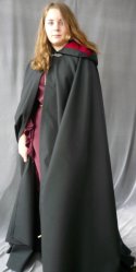 Black wool nylon acrylic cloak with dark red velveteen hood lining