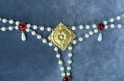 Elizabethan Duchess with Shield Boss, faux pearls and red stones, Brass