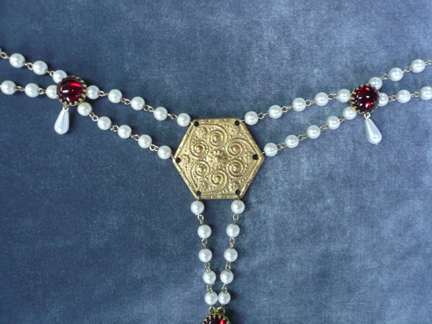 Elizabethan Duchess with Hex Medallion, faux pearls and red stones, Brass