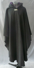 Cloak:1776, Cloak Style:Cape / Ruana, Cloak Color:Charcoal Grey, Fiber / Weave:50% Cashmere, Cloak Clasp:Gothic Heart, Hood Lining:Dusty Purple Cotton Velvet, Back Length:49", Neck Length:22.5", Seasons:Winter, Fall, Spring.