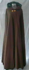 Cloak:1791, Cloak Style:Full Circle Cloak, Cloak Color:Brown, Fiber / Weave:Plush Wool, Cloak Clasp:Stylized Fleur de Lis, Hood Lining:Dark Green Microvelvet, Back Length:53.5", Neck Length:21.5", Seasons:Winter, Fall, Spring.