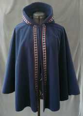Cloak:1793, Cloak Style:Full Circle Cloak, Cloak Color:Navy Blue w/ Trim, Fiber / Weave:WindPro Fleece, Cloak Clasp:Blue Button and loop, Hood Lining:Self-lining, Back Length:26", Neck Length:17.5", Seasons:Winter, Fall, Spring.
