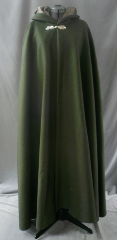 Cloak:1811, Cloak Style:Medium Shaped Shoulder, Cloak Color:Olive Green, Fiber / Weave:Very Heavy Felted Wool Melton, Cloak Clasp:Oak Simple - Silvertone, Hood Lining:Taupe Silk Velvet, Back Length:55", Neck Length:21", Seasons:Winter, Fall, Spring.