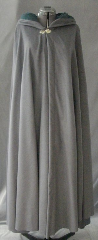 Cloak:1822, Cloak Style:Full Circle Cloak, Cloak Color:Dove Grey, Fiber / Weave:Brushed Wool Flannel, Cloak Clasp:Vale, Hood Lining:Green Moleskin, Back Length:53.5", Neck Length:21.5", Seasons:Summer, Fall, Spring.