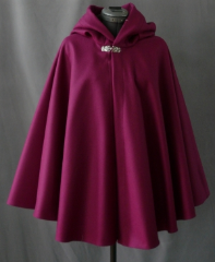 Cloak:1831, Cloak Style:Full Circle Short Cloak, Cloak Color:Raspberry, Fiber / Weave:Wool Melton, Cloak Clasp:Florentine - Small, Hood Lining:Plum Moleskin, Back Length:28", Neck Length:22", Seasons:Winter, Fall, Spring.