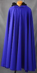 Cloak:1873, Cloak Style:Full Circle Cloak, Cloak Color:Cobalt Blue, Fiber / Weave:Gabardine, Cloak Clasp:Vale, Hood Lining:Black Flocked Polyester, Back Length:53.5", Neck Length:25", Seasons:Spring, Fall, Summer, Note:This stunning cobalt blue cloak is made of 100% wool gabardine and <br>features a dramatic hood lined with black polyester <br>flocked in a feathery swirl leaf-and-vine pattern. <br>Finished with a lovely pewter Vale hook-and-eye clasp..