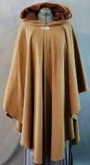 Cloak:1918, Cloak Style:Cape / Ruana, Cloak Color:Heathered Grey Tan, Fiber / Weave:80% Wool, 20% Nylon, Cloak Clasp:Medallion Clasp, Hood Lining:Chocolate Brown Moleskin, Back Length:43", Neck Length:23", Seasons:Winter, Fall, Spring.