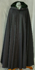 Cloak:1949, Cloak Color:Black, Cloak Style:Full Circle Cloak, Hood Lining:Green rayon acatate fidelio velvet, Cloak Clasp:Leaf and Scroll - Goldtone, Fiber / Weave:Wool / cashmere, Back Length:54", Neck Length:23", Seasons:Winter, Fall, Spring.
