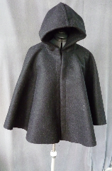 Cloak:2195, Cloak Style:Full Circle Short Cloak, Cloak Color:Black, Fiber / Weave:Heavy Wool Melton, Cloak Clasp:Plain Rope<br>Hook & Eye, Hood Lining:Unlined, Back Length:27.5", Neck Length:23", Seasons:Winter, Note:32 ounce wool is so thick it's like wearing your own room!<br>Wind resistent, water resistant and durable,<br>this cloak will stand up to winter weather.<br>Dry Clean only..