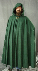 Cloak:2003, Cloak Style:Full Circle Cloak, Cloak Color:Hunter Green, Fiber / Weave:Wool Melton, Cloak Clasp:Triple Medallion - Goldtone, Hood Lining:Brown Cotton Velour, Back Length:55", Neck Length:23", Seasons:Winter, Fall, Spring, Note:This hunter green full-circle cloak<br> features a full hood lined in a beautifully<br> contrasting brown cotton velour. <br>Soft, elegant, and eye catching! <br>Closes with a goldtone Triple Medallion hook-and-eye clasp..