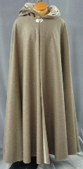 Cloak:2004, Cloak Style:Full Circle Cloak, Cloak Color:Brown / Cream, Fiber / Weave:Wool, Cloak Clasp:Renaissance Lotus Medallion, Hood Lining:Self-lining, Back Length:55", Neck Length:22", Seasons:Winter, Fall, Spring.