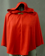 Cloak:2068, Cloak Style:Half Circle, Cloak Color:Red, Fiber / Weave:Rayon Polyester, Cloak Clasp:Antiquity, Hood Lining:Unlined, Back Length:24", Neck Length:21.5", Seasons:Spring, Fall, Summer, Note:This child-size cloak is perfect for a 3 to 6 year old Little Red Riding Hood.<br> The red rayon polyester is smooth and suit-weight <br> and can be machine-washed and dried..