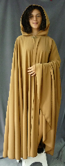 Cloak:2069, Cloak Style:Full Circle Cloak, Cloak Color:Camel, Fiber / Weave:100% Polyester, Cloak Clasp:Vale - Goldtone, Hood Lining:Unlined, Back Length:55.5", Neck Length:20", Seasons:Fall, Spring, Note:This golden brown cloak was created from a polyester gabardine suiting fabric.<br> The cloak is wrinkle resistant and  provides warmth and wind resistance <br>suitable for cool spring evenings.  A goldtone-plated pewter Vale clasp gives the finishing touch.<br> Machine wash low, gentle, tumble dry low.<br><br>Sale Priced due to a slight grey discoloration.<br>Contact us for details..