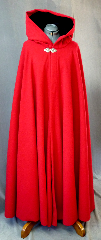 Cloak:2128, Cloak Style:Full Circle Cloak, Cloak Color:Red, Fiber / Weave:Wool Melton, Cloak Clasp:Triple Medallion, Hood Lining:Black Cotton Velveteen, Back Length:55", Neck Length:22.5", Seasons:Winter, Fall, Spring.