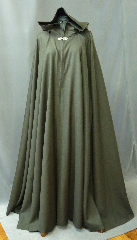 Cloak:2168, Cloak Style:Full Circle Cloak, Cloak Color:Heathered Olive Green Brown, Fiber / Weave:Wool Gabardine, Cloak Clasp:Bavarian - Silvertone, Hood Lining:Black Cotton Velveteen, Back Length:57", Neck Length:25", Seasons:Fall, Spring, Note:This midweight cloak goes back to the basics.<br>It's a full circle cloak, made from a soft<br>wool gabardine in a dark heathered green - brown shade.<br>Dry Clean.
