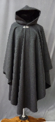 Cloak:2215, Cloak Style:Cape / Ruana, Cloak Color:Charcoal Grey, Fiber / Weave:80% Wool/ 20% Nylon Double Twill, Cloak Clasp:Vale, Hood Lining:Black Silk Velvet, Back Length:45", Neck Length:20", Seasons:Winter, Fall, Spring.