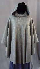 Cloak:2243, Cloak Style:Cape / Ruana, Cloak Color:Grey, Fiber / Weave:Wool / Lyrca blend, Cloak Clasp:Antiquity, Hood Lining:Unlined, Back Length:37", Neck Length:22", Seasons:Spring, Fall, Summer.