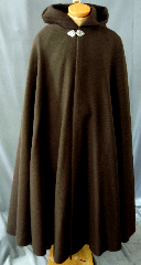 Cloak:2251, Cloak Style:Full Circle Cloak, Cloak Color:Brown, Fiber / Weave:100% Wool, Cloak Clasp:Triple Medallion, Hood Lining:Unlined, Back Length:55", Neck Length:22", Seasons:Winter, Fall, Spring, Note:This dark brown cloak is made of 100% wool basket weave fabric woven from chunky yarns.<br>  The brown is slightly heathered with gray. The generous full hood<br> is unlined, making it great for early period re-enactment..