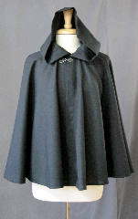 Cloak:2331, Cloak Style:Full Circle Short Cloak, Cloak Color:Black, Fiber / Weave:Tropical Weight Wool suiting, Cloak Clasp:Antiquity, Hood Lining:Unlined, Back Length:26.5", Neck Length:19", Seasons:Summer, Spring, Fall.
