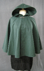 Cloak:2338, Cloak Style:Full Circle Short Cloak, Cloak Color:Forest Green, Fiber / Weave:Cotton Twill, Cloak Clasp:Antiquity, Hood Lining:Unlined, Back Length:28", Neck Length:19.5", Seasons:Spring, Fall.
