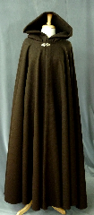 Cloak:2388, Cloak Style:Full Circle Cloak, Cloak Color:Brown, Fiber / Weave:100% Wool, Cloak Clasp:Celtic Knot Round - Bronzetone, Hood Lining:Unlined, Back Length:55", Neck Length:25.5", Seasons:Winter, Fall, Spring, Note:This dark brown cloak is made of 100% wool<br>basket weave fabric woven from chunky yarns.<br>The brown is slightly heathered with gray. The generous full hood<br>is unlined, making it great for early period re-enactment.<br>Finished with a bronzetone<br>Celtic Knot Round hook & eye clasp that is<br>safe to dry clean..