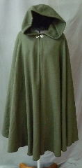 Cloak:2397, Cloak Style:Full Circle Cloak, Cloak Color:Loden Green, Fiber / Weave:Washed Jacquard Worsted Wool, Cloak Clasp:Antiquity, Hood Lining:Unlined, Back Length:40", Neck Length:21", Seasons:Spring, Fall, Note:Shorter length lightweight cloak in a  bird's eye wool<br>patterned in green & black.<br>It  features an unlined full-sized hood.<br>This wool has been washed and can<br>continue to be washed gently in cold water..