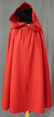 Cloak:2434, Cloak Style:Fuller Half circle, Cloak Color:Scarlet Red, Fiber / Weave:Wool Gabardine, Cloak Clasp:Antiquity, Hood Lining:Unlined, Back Length:46.5", Neck Length:21.5", Seasons:Spring, Fall.