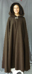 Cloak:2479, Cloak Style:Full Circle Cloak, Cloak Color:Brown, Fiber / Weave:100% Wool, Cloak Clasp:Triple Medallion, Hood Lining:Unlined, Back Length:53", Neck Length:24", Seasons:Winter, Fall, Spring, Note:This dark brown cloak is made of 100% wool basket weave fabric woven from chunky yarns.<br>  The brown is slightly heathered with gray. The generous full hood<br> is unlined, making it great for early period re-enactment..