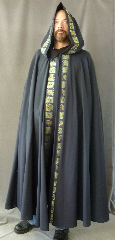 Cloak:2483, Cloak Style:Full Circle Cloak with Liripipe and Blue Traditional Squares, Large trim, Cloak Color:Navy Blue, Fiber / Weave:Thin Wool blend suiting, Cloak Clasp:Plain Rope<br>Hook & Eye, Hood Lining:Unlined, Back Length:55", Neck Length:20", Seasons:Summer, Fall, Spring.