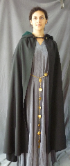 Cloak:2500, Cloak Style:True half circle, Cloak Color:Black, Fiber / Weave:Tropical Weight Wool suiting, Cloak Clasp:Braided Frog Button closure, Hood Lining:Pine Green cotton velveteen, Back Length:50"/56", Neck Length:22", Seasons:Summer, Fall, Spring, Note:Show your costume off in style.<br>This  true half circle cloak measures<br>50" in the front and 56" in the back..