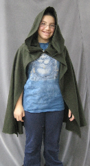 Cloak:2580, Cloak Style:Elven Hobbit Cloak, Cloak Color:Dark Pine Green, Fiber / Weave:Washed Birdseye Wool, Cloak Clasp:Alpine Knot - Silvertone, Hood Lining:Unlined, Back Length:28", Neck Length:24", Seasons:Summer.