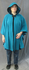 Cloak:2600, Cloak Style:Cape / Ruana, Cloak Color:Teal with black edge binding, Fiber / Weave:Hi Loft Fleece (long silky fur inside) with durable water resistant finish. Stretch Velvet edge binding., Cloak Clasp:Ornate Chinese Knotwork Black Frog Closure, Hood Lining:Self-lining - Marine Blue, Back Length:40.5", Neck Length:21", Seasons:Southern Winter, Fall, Spring, Note:This Hi-Loft fleece cloak blocks more wind than<br>a basic fleece and has a durable water resistant outer finish!<br>It's perfect for cool,<br>rainy, windy climates.<br>Machine washable cold gentle, tumble dry low.<br>Throw it on and go!.