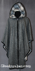 Cloak:2610, Cloak Style:Classic Ruana with zipper, Cloak Color:Grey / Silvery Grey, Dark Grey, Cream,<br>White & Taupe Plaid with black edge binding, Fiber / Weave:Medium Weight Brushed Wool Coating /<br>Wool blend suiting<br>Stretch nylon velvet edge binding, Cloak Clasp:Zipper, Hood Lining:White and Taupe Plaid wool blend, Back Length:45", Neck Length:23", Seasons:Winter, Fall, Spring.