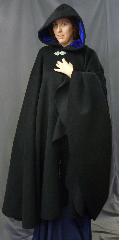 Cloak:2644, Cloak Style:Full Circle Cloak, Cloak Color:Black, Fiber / Weave:Textured Double 100% Wool, Cloak Clasp:Triple Medallion, Hood Lining:Cobalt Royal Blue Silk Velvet, Back Length:52", Neck Length:24", Seasons:Winter, Fall, Spring, Note:Dry Clean only.
