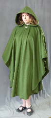 Cloak:2673, Cloak Style:Cape / Ruana, Cloak Color:Bright Olive Green, Fiber / Weave:50% Cashmere / 50% wool, Cloak Clasp:Vale, Hood Lining:Green Silk Velvet, Back Length:48", Neck Length:21", Seasons:Fall, Spring, Note:There is a small surface imperfection<br>on left shoulder (near hem)<br>see picture on detail page.<br> Note, tag says 100% wool - it should be<br>100% natural fibers..