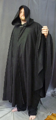 Cloak:3256, Cloak Style:Full Circle Cloak, Cloak Color:Black, Fiber / Weave:Economy Fleece, Cloak Clasp:Antiquity, Hood Lining:Unlined, Back Length:59", Neck Length:25", Seasons:Fall, Spring, Note:Lightweight black economy fleece provides<br>a warmth with very little weight.<br>Suitable for indoor wear late spring,<br>early fall, cool summer evenings or<br>just snuggling on the couch. <br>Machine washable.<br>Antiquity clasp perfect for <br>football spectators and players.