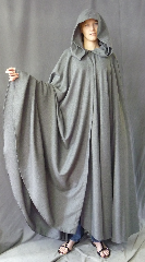 Cloak:2701, Cloak Style:Full Circle Cloak, Cloak Color:Grey, Fiber / Weave:Wool Blend Suiting, Cloak Clasp:Antiquity, Hood Lining:Unlined, Back Length:55", Neck Length:21", Seasons:Summer, Fall, Spring.