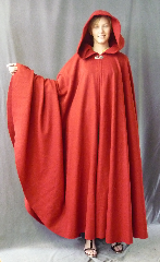 Cloak:2713, Cloak Style:Full Circle Cloak, Cloak Color:Dark Tomato Red, Fiber / Weave:Corded Wool 65%, Cloak Clasp:Vale, Hood Lining:Unlined, Back Length:55", Neck Length:22", Seasons:Fall, Spring, Southern Winter.