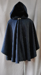 Cloak:2734, Cloak Style:Cape / Ruana, Cloak Color:Navy Blue Heathered with Navy and Black, Fiber / Weave:80/20 Wool Blend, Cloak Clasp:Vale, Hood Lining:Unlined, Back Length:34", Neck Length:19", Seasons:Winter, Fall, Spring, Note:This short cape/ruana is perfect<br>for adding just a touch of drama and elegance.<br>Made from a navy blue nylon/wool this cloak is unlined<br>and finished off with a classic Vale hook-and-eye clasp.<br>Dry Clean Only..
