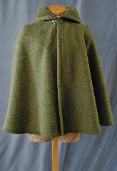 Cloak:2755, Cloak Style:Full Circle Short Cloak, Cloak Color:Olive Green, Fiber / Weave:Fleece, Cloak Clasp:Vale, Hood Lining:Unlined, Back Length:30", Neck Length:18", Seasons:Winter, Fall, Spring, Note:This fleece cloak is perfect for<br>cool, windy climates.<br>Machine washable cold, gentle tumble dry low.<br>Throw it on and go!.