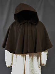 Cloak:2756, Cloak Style:Full Circle Short Cloak, Cloak Color:Brown, Fiber / Weave:80/20 Wool Blend, Cloak Clasp:Plain Rope<br>Hook & Eye, Hood Lining:Unlined, Back Length:18.5", Neck Length:20", Seasons:Winter, Fall, Spring, Note:This short full circle cloak is perfect<br>for adding just a touch of drama and elegance.<br>Made from a Brown nylon/wool<br>this cloak is soft, unlined<br>and finished off with a Hook and Eye.<br>Dry Clean only.