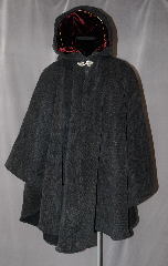 Cloak:2764, Cloak Style:Cape / Ruana extra long over the shoulder, Cloak Color:Grey and Black, Fiber / Weave:Plush 100% Wool Melton  with herringbone Pattern, Cloak Clasp:Triple Medallion, Hood Lining:Burgundy Velvet, Back Length:43", Neck Length:24", Seasons:Winter, Fall, Spring, Note:This gorgeous Plush Wool Melton with<br>herringbone Pattern has a lovely Scottish Irish look.<br>A cross between a cape and a cloak, a ruana<br>is a great way to keep warm while frequent,<br> unhindered use of your arms is needed.<br>Ruanas make great driving cloaks!<br>Dry Clean only.
