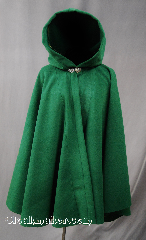 Cloak:2768, Cloak Style:Full Circle Short Cloak, Cloak Color:Kelly Green, Fiber / Weave:80/20 Wool Blend, Cloak Clasp:Vale, Hood Lining:Unlined, Back Length:34.5, Neck Length:19", Seasons:Winter, Fall, Spring, Note:This short full circle cloak<br>adds a touch of drama and elegance.<br>Finished off with a with a classic<br>Vale hook-and-eye clasp.<br>Dry Clean only..