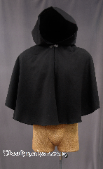 Cloak:2777, Cloak Style:Full Circle Short Cloak, Cloak Color:Black, Fiber / Weave:100% Worsted Wool Suiting (washed)<br> with a tiny diamond pattern (called Birdseye), Cloak Clasp:Antiquity, Hood Lining:Unlined, Back Length:26", Neck Length:18", Seasons:Summer, Fall, Spring, Note:Machine wash cold, gentle<br>Line Dry.