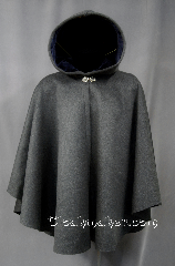 Cloak:2789, Cloak Style:Cape / Ruana, Cloak Color:Grey, Fiber / Weave:Brushed Heavyweight Wool Coating, Cloak Clasp:Vale, Hood Lining:Steel Blue Velvet, Back Length:35", Neck Length:20.5", Seasons:Fall, Winter, Spring, Note:A cross between a cape and a cloak,<br>a ruana is a great way to keep warm while<br>frequent, unhindered use of your arms<br>is needed.<br>Ruanas make great driving cloaks!<br>Dry Clean Only..