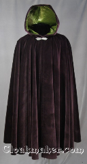 Cloak:2823, Cloak Style:Full Circle Cloak, Cloak Color:Aubergine (Eggplant) Purple, Fiber / Weave:95% Cotton 5% Lycra blend velvet, Cloak Clasp:Gothic Heart, Hood Lining:Mossy Olive Green Velvet, Back Length:43", Neck Length:21", Seasons:Fall, Spring, Note:This velvet cloak is perfect for those cool<br>fall evenings. The hood is lined with<br>a mossy olive green velvet and is<br>finished off with a with a pewter<br> Gothic heart style hook-and-eye clasp.<br>Wash gentle, Dry flat or Dry clean..
