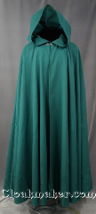 Cloak:2826, Cloak Style:Full Circle Cloak, Cloak Color:Teal Green, Fiber / Weave:Washed Wool Suiting, Cloak Clasp:Antiquity, Hood Lining:Unlined, Back Length:53", Neck Length:21", Seasons:Summer, Fall, Spring, Note:This lightweight cloak made of wool<br>suiting has a refined style for late spring,<br>early fall, those cool summer evenings<br>or indoor events. It is completed<br>with a black-toned hook-and-eye clasp.<br> Machine washable, hang to dry..