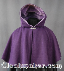 Cloak:2833, Cloak Style:Shaped Shoulder Cloak - Short, Cloak Color:Purple, Fiber / Weave:80% Wool / 20% Nylon, Cloak Clasp:Alpine Knot - Silvertone, Hood Lining:Purple Cotton Velveteen, Back Length:20", Neck Length:19.5", Seasons:Winter, Fall, Spring, Note:The perfect starter cloak for a<br>child. Bright and colorful sized for<br>play and walking.<br>Dry clean only..