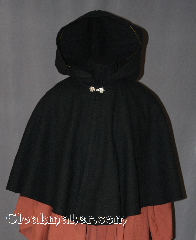Cloak:2840, Cloak Style:Shaped Shoulder Cloak - Short, Cloak Color:Black, Fiber / Weave:80% Wool / 20% Nylon, Cloak Clasp:Alpine Knot - Silvertone, Hood Lining:Unlined, Back Length:21.5", Neck Length:21", Seasons:Winter, Southern Winter, Fall, Spring, Note:The perfect starter cloak for a child<br>or adult. Sized for play and<br>waiting for the car to warm up.<br>Dry clean only..